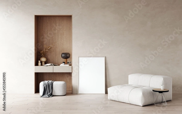 Fototapeta  3d rendering of modern living room with  home wood desk in wall with decor, white armchair, lamp, books, dry flowers in a vase, ceramics. Pouf with a blanket under the table. Wooden frame mockup.  