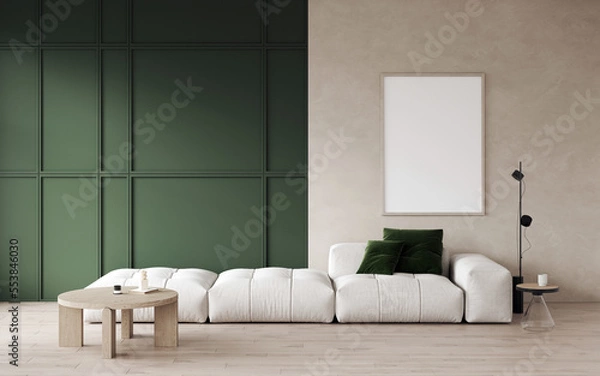 Fototapeta 3d rendering of modern living room with white sofa and floor lamp, table, decorative wall with dark green panels, wooden floor. Empty white frame for picture or art on wall. Frame mockup. 3d rendering