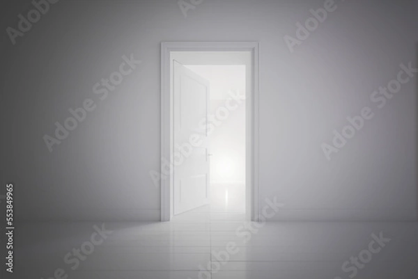 Fototapeta Open door in a white room with white planks floor: new career opportunities, challenges and new life concept. Clay style rendering.

