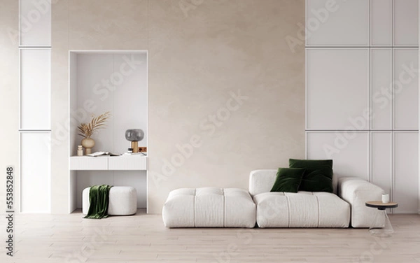 Fototapeta 3d rendering of modern living room with white sofa, home desk in wall with decor, personal accessories, lamp, books, dry flowers in a vase, ceramics. Pouf with a blanket. White panel. Home office.