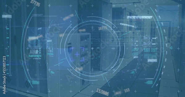 Fototapeta Image of scope scanning and data processing over empty office