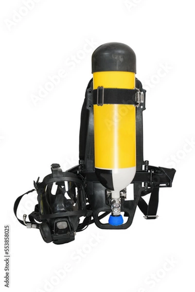 Fototapeta Breathing air cylinder assembly and full facepiece protective mask for firemans isolated on white background