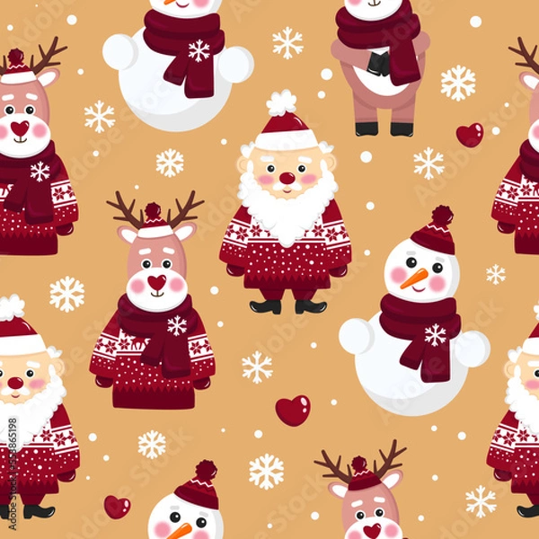 Fototapeta Seamless pattern with Santa Claus, Deer, Snowman, snowflake and hearts