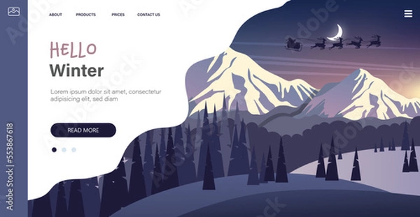 Fototapeta Winter landscape at night with mountains, moon and trees. Hello winter greeting card. Merry Christmas greeting card template. Vector illustration in flat style. Website template