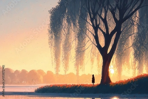 Obraz Beautiful Weeping Willow Scenery. Fantasy Landscape. Water colour. romantic and lovely style. illustration art. Digital painting. Generative AI.	