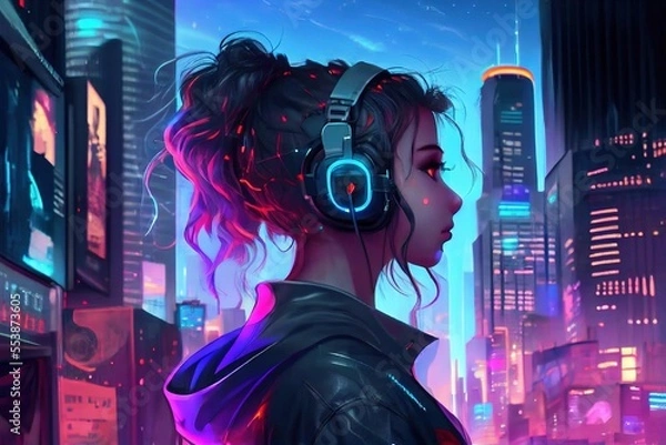 Obraz anime girl with headset vibe to music , cyberpunk, steampunk, sci-fi, fantasy