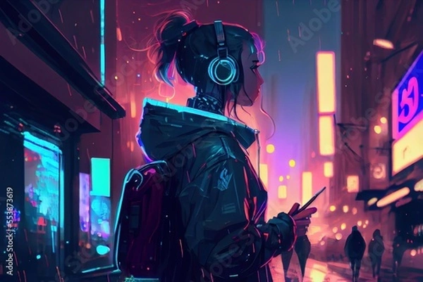 Obraz anime girl with headset vibe to music , cyberpunk, steampunk, sci-fi, fantasy