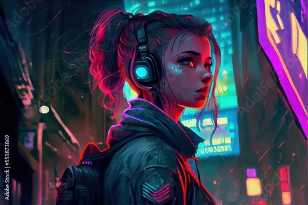 Fototapeta anime girl with headset vibe to music , cyberpunk, steampunk, sci-fi, fantasy