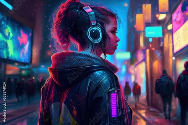 Fototapeta anime girl with headset vibe to music , cyberpunk, steampunk, sci-fi, fantasy
