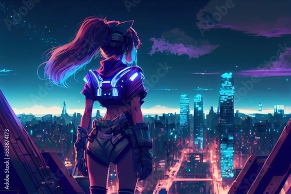 Obraz anime girl with headset vibe to music , cyberpunk, steampunk, sci-fi, fantasy