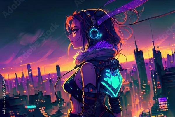 Obraz anime girl with headset vibe to music , cyberpunk, steampunk, sci-fi, fantasy