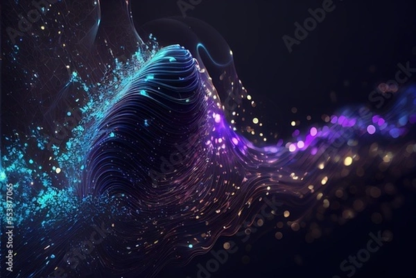 Fototapeta Wave lines trails flowing dynamic in diverse colors isolated on black background. Abstract futuristic background, science, digital and communication concept. Generative ai illustration