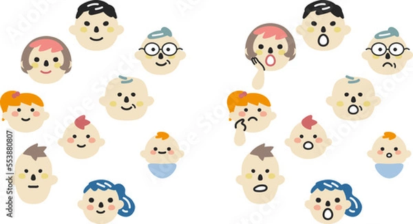 Fototapeta 様々な世代の笑顔と戸惑った表情　セット　イラスト素材
