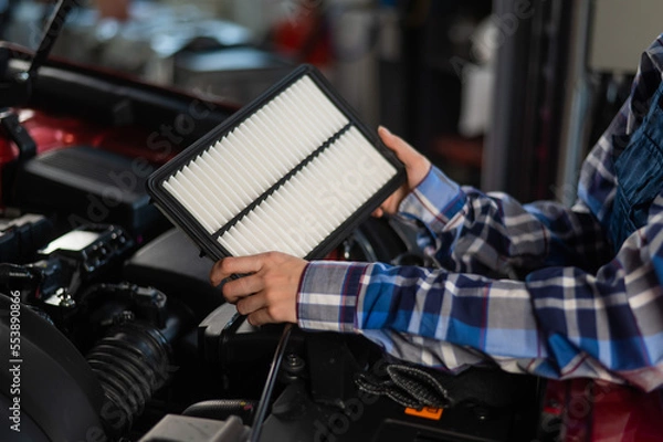 Obraz Caucasian female auto mechanic changes the engine air filter in the car.