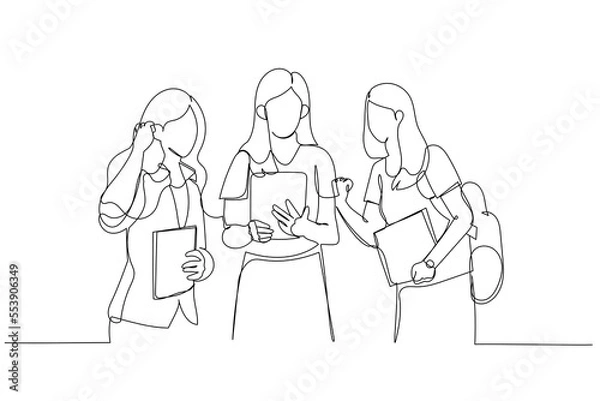 Fototapeta Cartoon of three excited students looking for the news together. One continuous line art style