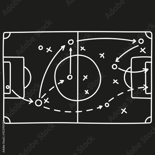 Obraz Football field with tactics scheme and game strategy arrows. Vector background with soccer pitch. Hand drawn playbook.