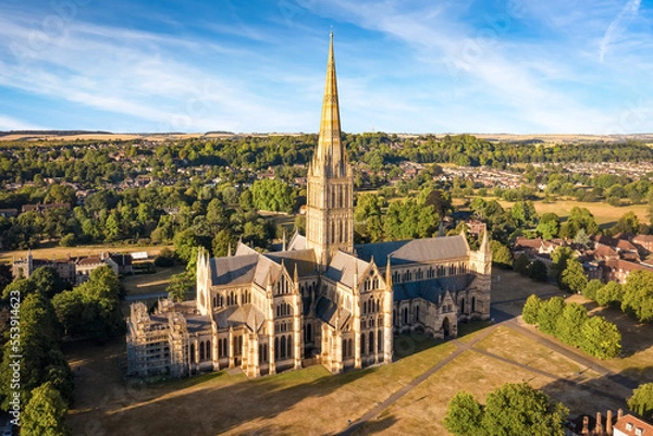 Fototapeta Salisbury cathedral from above at sunrise