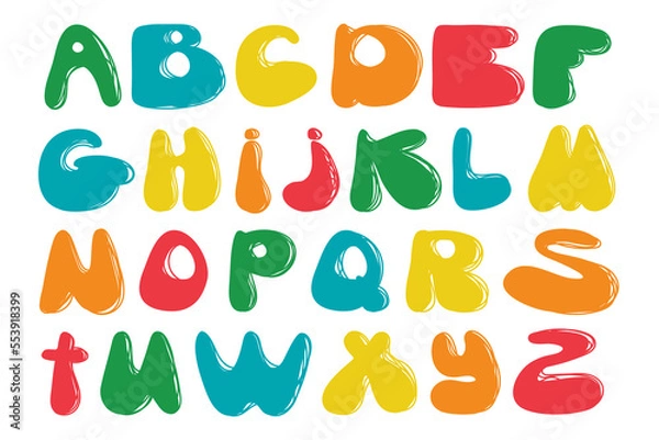 Fototapeta Cute hand drawn alphabet made in vector. Doodle letters for your design. Vector cartoon alphabet white background. Funny abc design for book cover, poster, card, print on baby's clothes