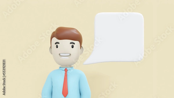 Fototapeta 3D illustration of portrait cartoon character man, dressing blue shirt and red tie with white text box message.