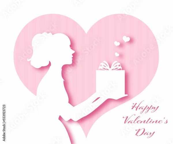 Fototapeta バレンタインデーのイラスト素材 切り絵風 女性 プレゼント