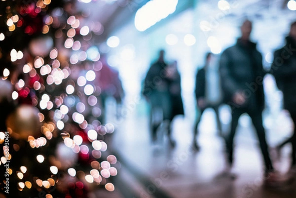 Obraz christmas lights with silhouette of shoppers in a mall, defocused image