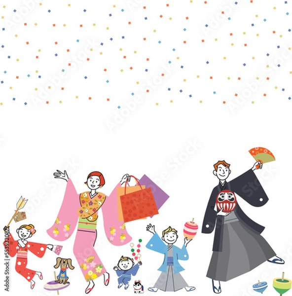 Obraz 新年　祝う　家族　着物　縁起物
