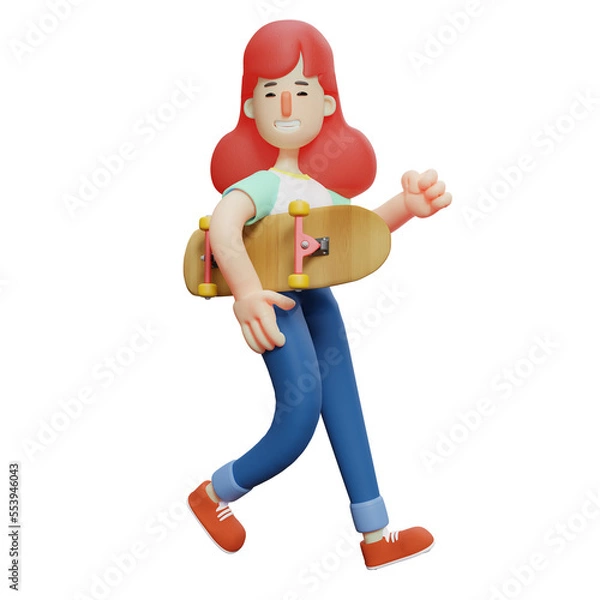 Fototapeta  3D illustration. Illustration of 3D Cute Girl character having a skateboard. walk with enthusiasm. showing a toothy smile. 3D Cartoon Character