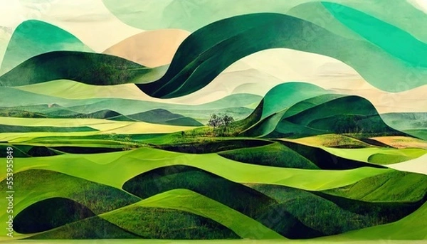 Fototapeta Landscape with green mountains and fields created using Generative AI technology