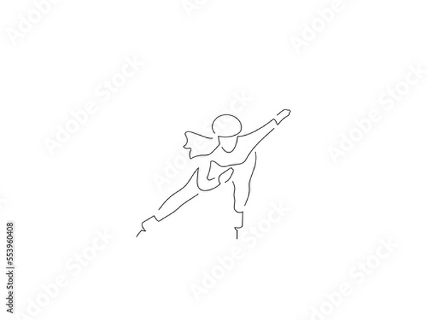 Fototapeta Woman ice skating in line art drawing style. Composition of a winter sport scene. Black linear sketch isolated on white background. Vector illustration design.