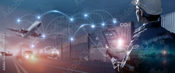 Fototapeta logistic transportation network concept,  business man monitor by using artificial intelligence technology to manage localization and identification data of supply chain to improve economy system
