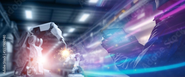 Fototapeta metaverse futuristci industry innovation technology concept, engineer  using artificial intelligence with virtual mixed augmented reality glasses in digtial environmental with sustainability energy