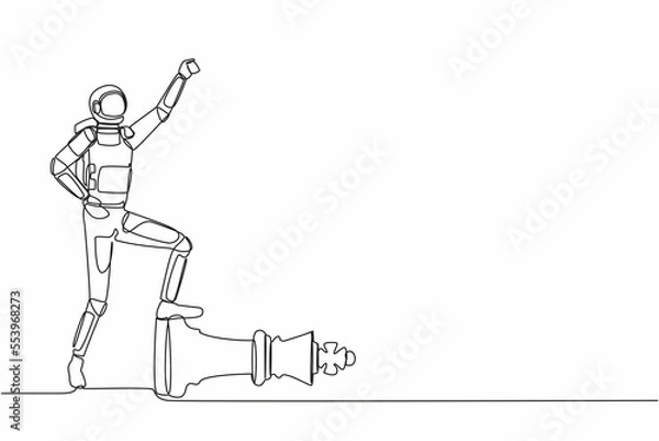 Fototapeta Continuous one line drawing astronaut clench fist up and step on chess king piece in moon surface. Spaceship pilot victory symbol. Cosmonaut outer space. Single line graphic design vector illustration
