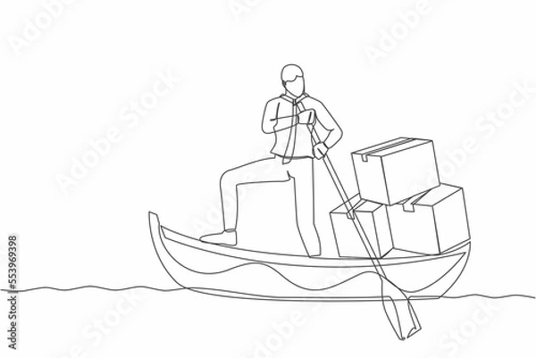 Fototapeta Single one line drawing of businessman standing in boat and sailing with pile of cardboard. Shipping through the ocean. Delivery and packaging. Continuous line draw design graphic vector illustration