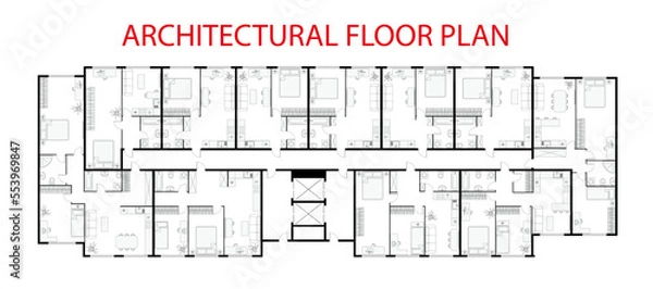 Obraz Floor plan. Architectural apartment project. One, two bedroom apartment. Interior design elements kitchen, bedroom, bathroom with symbols furniture. Vector architecture 2d floor plan.