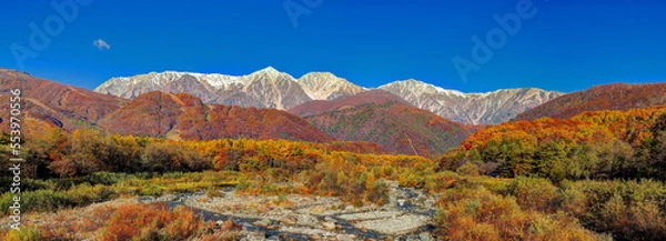 Obraz 秋の白馬三山と松川（白馬大橋より）