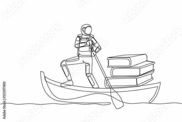 Fototapeta Continuous one line drawing astronaut sailing away on boat with pile of books. higher education and learning to become a cosmonaut. Cosmonaut outer space. Single line draw design vector illustration
