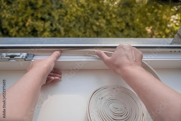 Fototapeta Installation of weatherproof insulation. worker sticking sealing foam tape on indoor window