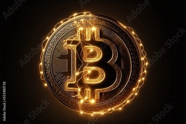 Fototapeta Golden bitcoin logo, futuristic digital money, technology worldwide network concept. bitcoin logo made of small lights by generative ai illustration