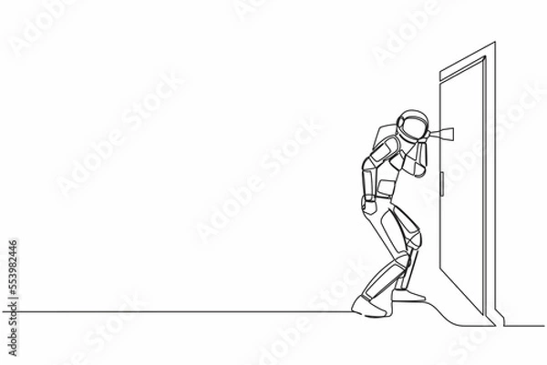 Fototapeta Single one line drawing astronaut eavesdropping at the door. Curious spaceman listening to conversation. Privacy violation. Cosmic galaxy space. Continuous line draw graphic design vector illustration