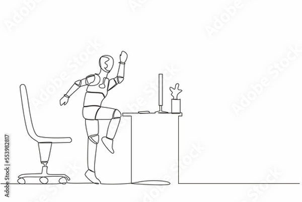 Fototapeta Single continuous line happy robot jumping and dancing on his workplace, computer desk. Celebrating success. Artificial intelligence machine learning process. One line draw design vector illustration