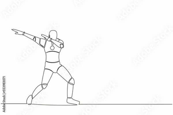 Fototapeta Single continuous line happy robot standing with crossing arms and look down. Future robotic development. Artificial intelligence machine learning process. One line design vector graphic illustration