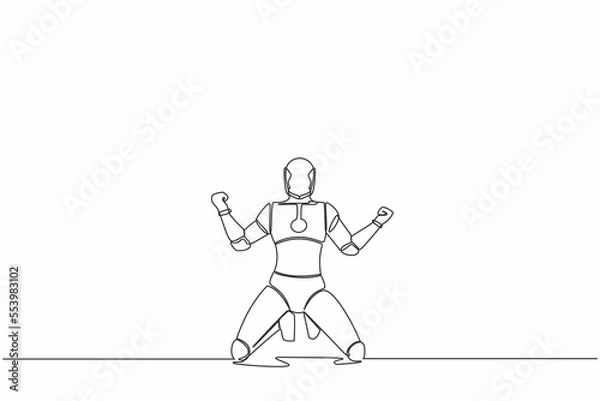 Fototapeta Continuous one line drawing of happy robot kneeling with both hands yes gesture, celebrating success. Humanoid cybernetic organism. Future robotic. Single line draw graphic design vector illustration