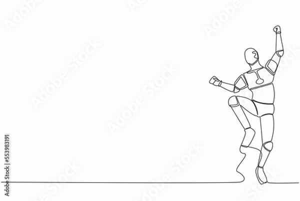 Fototapeta Single one line drawing happy robot jump with folds one leg and raises one hand. Winning business project. Artificial intelligence. Technology industry. Continuous line draw design vector illustration