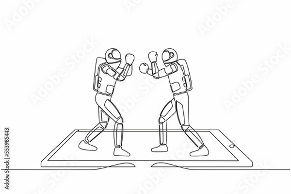 Fototapeta Single continuous line drawing boxing ring with two astronaut boxers on smartphone screen. Boxing fight duel during match, mobile app. Cosmonaut deep space. One line graphic design vector illustration