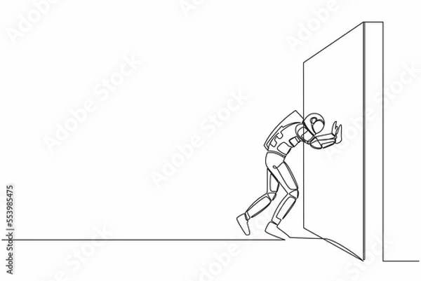 Fototapeta Single one line drawing of young astronaut pushing wall in moon surface. Challenge and problem in spaceship expedition. Cosmic galaxy space concept. Continuous line graphic design vector illustration