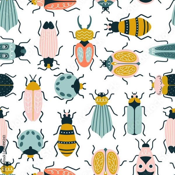 Fototapeta Colorful insects, beetle, and bugs in art deco style. Vector seamless pattern with trendy background 