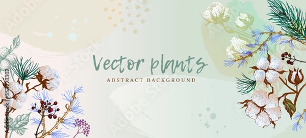 Fototapeta Wallpaper in botanical style, freehand drawing. Vector. Winter leaves and berries, cotton flowers, organic shapes, watercolor. Vector background for banner, poster, web and packaging.