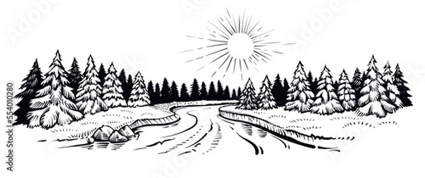Fototapeta Black and white vector illustration of the river landscape with forest. Panoramic sketch with summer riverside.