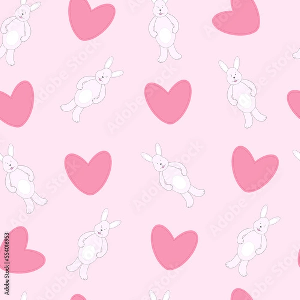 Fototapeta Seamless pattern with rabbit, bunny and hearts on a pink background. Vector illustration