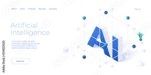 Fototapeta Artificial intelligence or neural network concept in isometric vector illustration. Neuronet or ai technology background with data screens and cloud connection. Web banner layout template